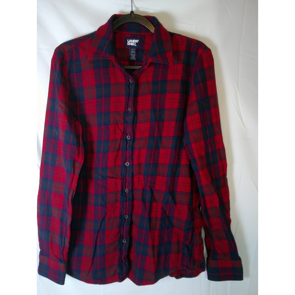 Lands End Womens Red Blue Plaid Flannel Button Down Shirt‎ Size M 10-12 Tall